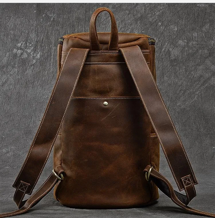 Retro Brown Leather Men 14" Barrel Laptop Backpack Hiking Backpack Travel Backpack Large Backpack for Men