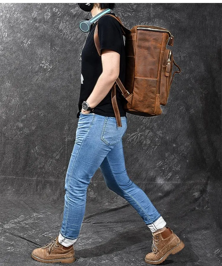Retro Brown Leather Men 14" Barrel Laptop Backpack Hiking Backpack Travel Backpack Large Backpack for Men