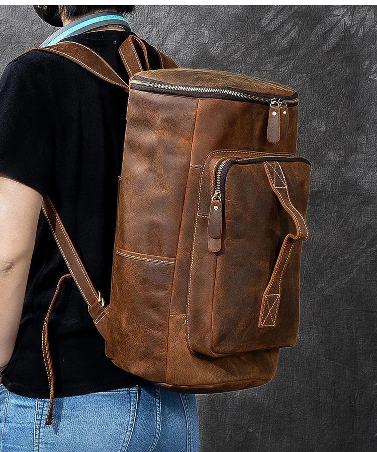 Retro Brown Leather Men 14" Barrel Laptop Backpack Hiking Backpack Travel Backpack Large Backpack for Men