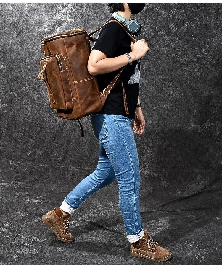 Retro Brown Leather Men 14" Barrel Laptop Backpack Hiking Backpack Travel Backpack Large Backpack for Men
