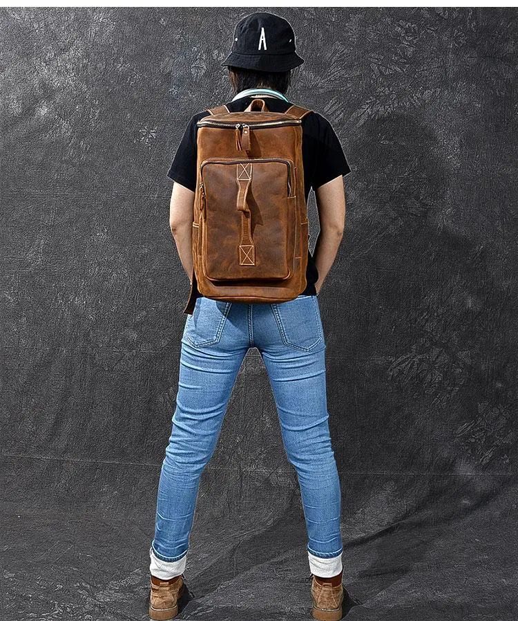 Retro Brown Leather Men 14" Barrel Laptop Backpack Hiking Backpack Travel Backpack Large Backpack for Men