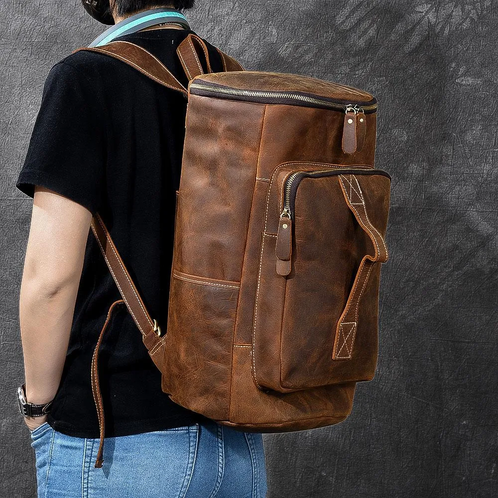 Retro Brown Leather Men 14" Barrel Laptop Backpack Hiking Backpack Travel Backpack Large Backpack for Men