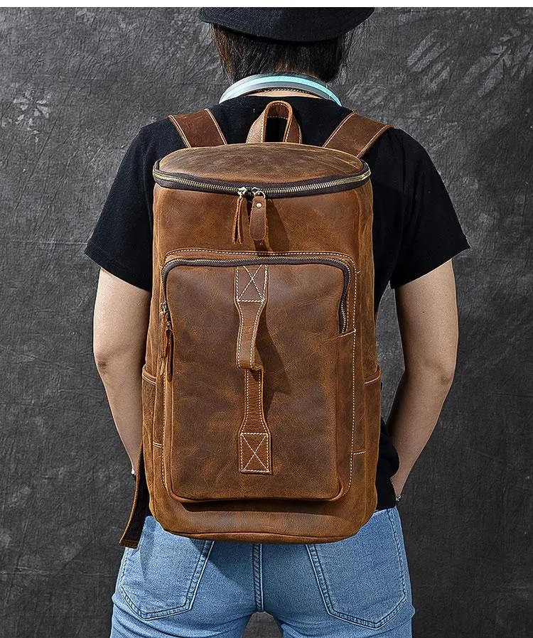 Retro Brown Leather Men 14" Barrel Laptop Backpack Hiking Backpack Travel Backpack Large Backpack for Men