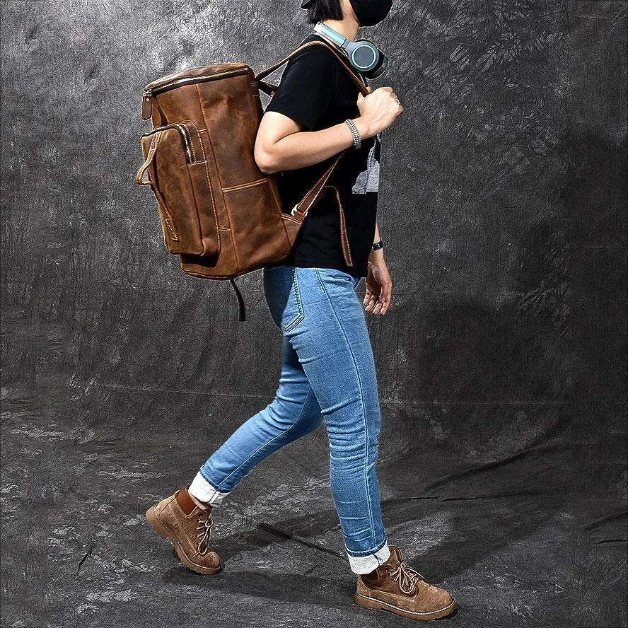 Retro Brown Leather Men 14" Barrel Laptop Backpack Hiking Backpack Travel Backpack Large Backpack for Men