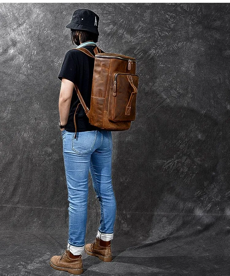 Retro Brown Leather Men 14" Barrel Laptop Backpack Hiking Backpack Travel Backpack Large Backpack for Men