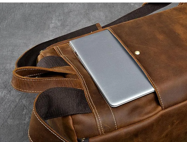 Retro Brown Leather Men 14" Barrel Laptop Backpack Hiking Backpack Travel Backpack Large Backpack for Men