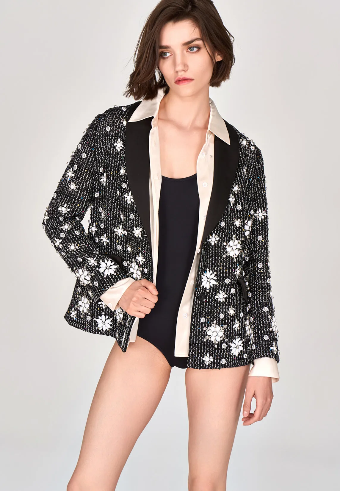 Rhinestones Satin Collar Shirt