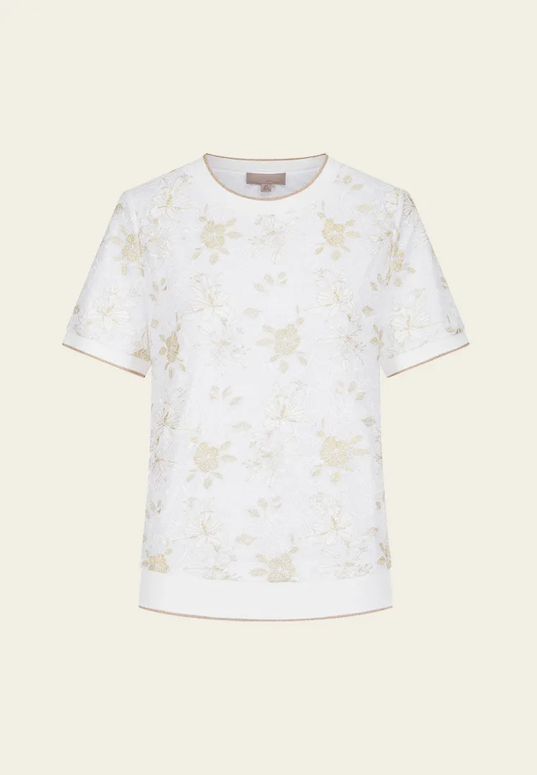 Ribbed Floral-appliqu Lurex Lace Top