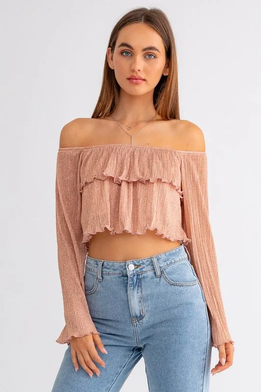 Rose Gold Shimmer Off Shoulder Tiered Top - Medium