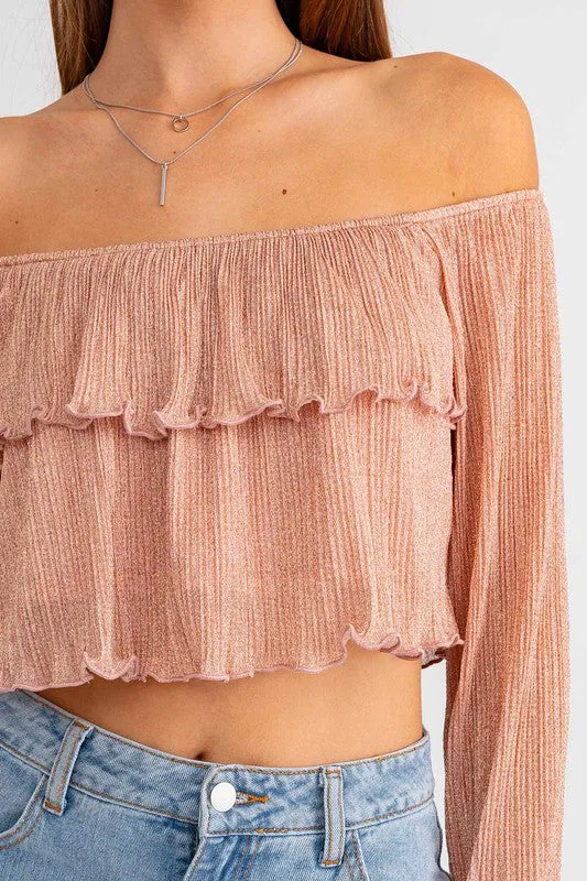 Rose Gold Shimmer Off Shoulder Tiered Top - Medium