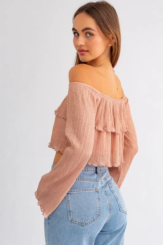 Rose Gold Shimmer Off Shoulder Tiered Top - Medium