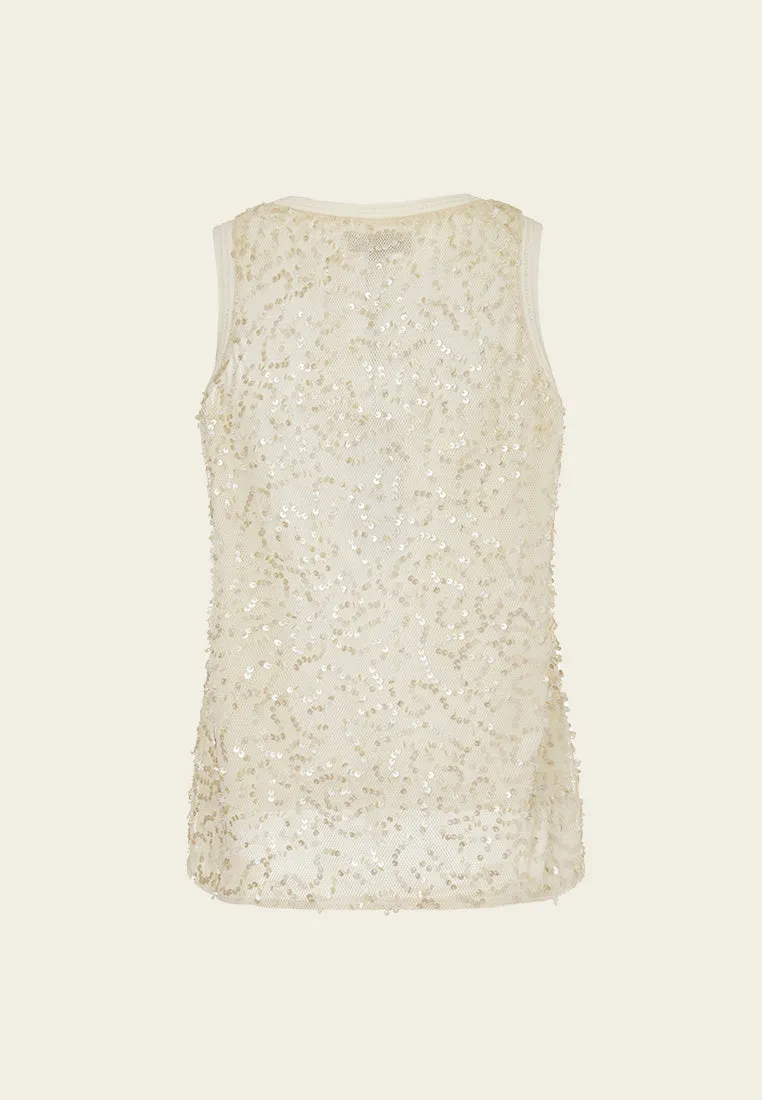 Round-neck Ribbed-trim Sequined Tank
