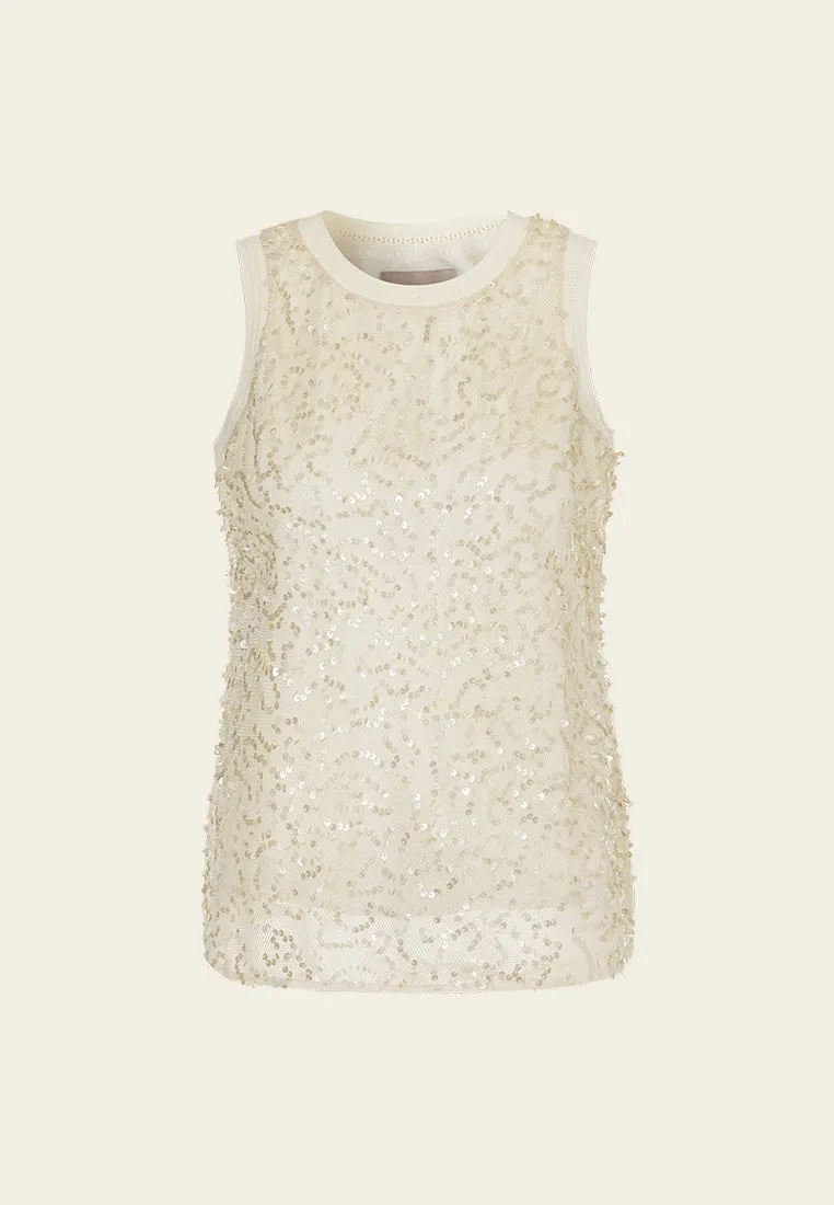 Round-neck Ribbed-trim Sequined Tank