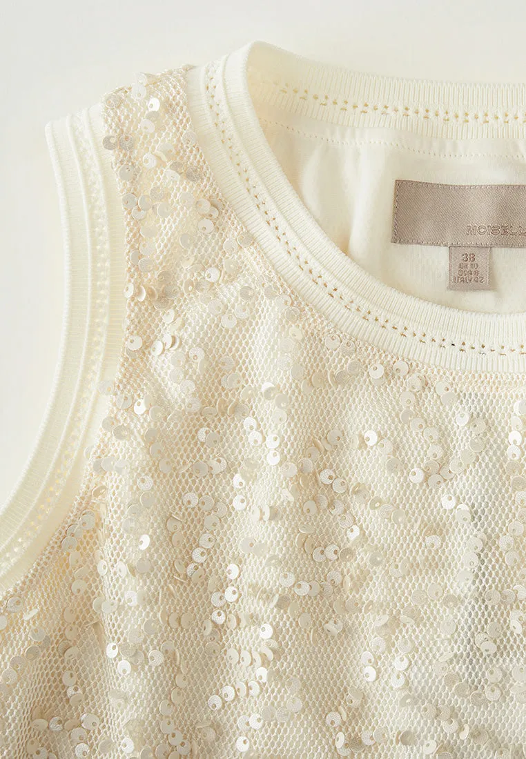 Round-neck Ribbed-trim Sequined Tank
