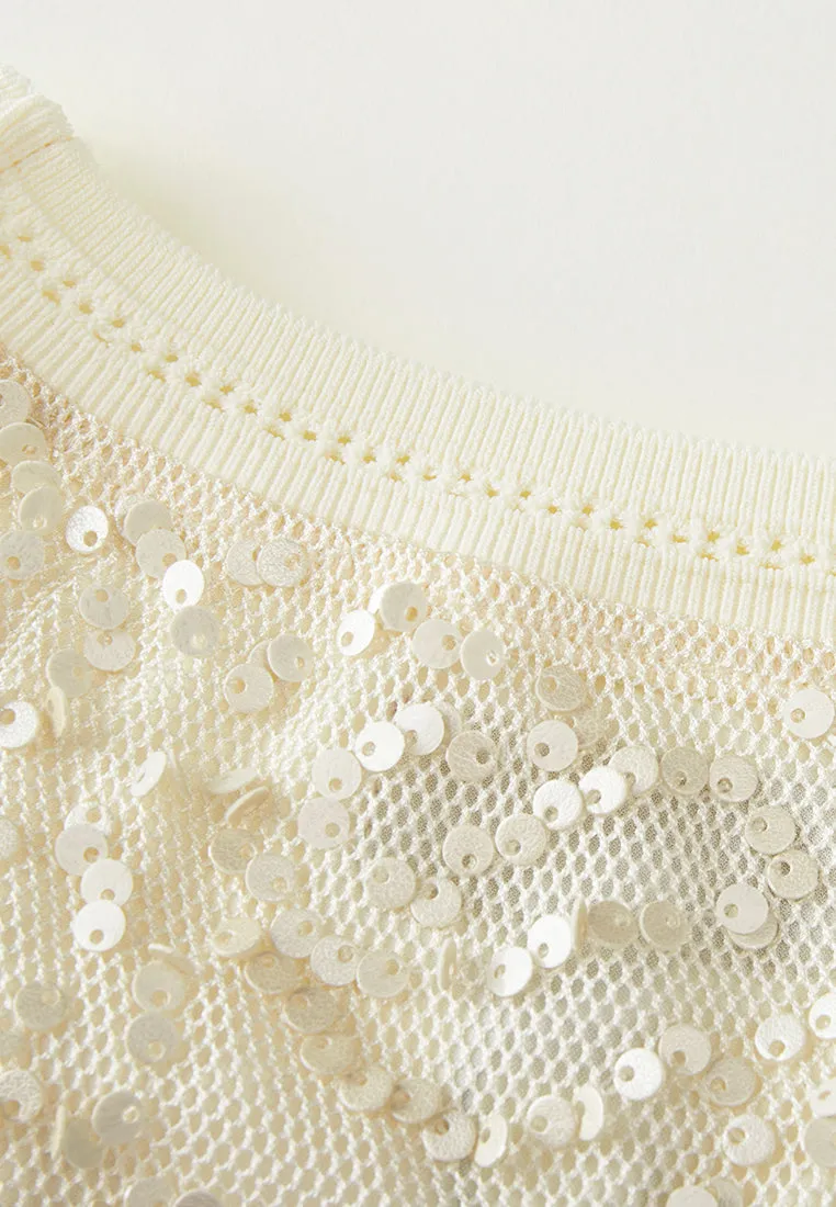 Round-neck Ribbed-trim Sequined Tank