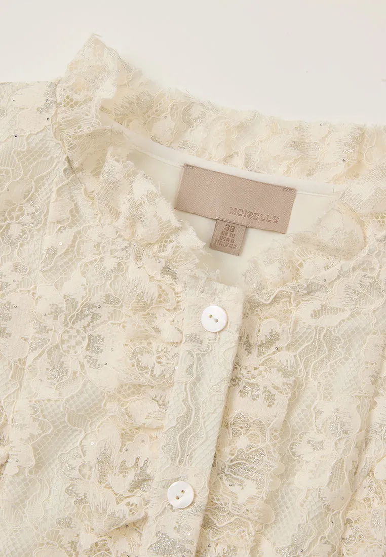 Ruffle-trim Panelled Cap-sleeve Lace Blouse
