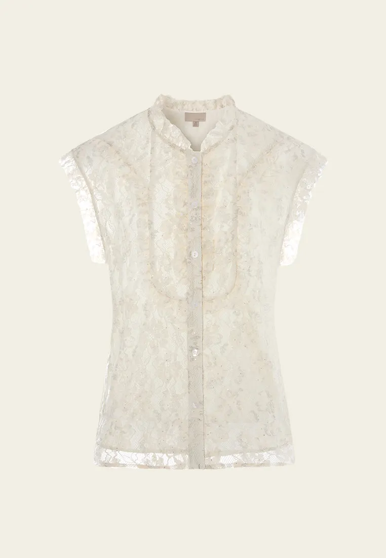Ruffle-trim Panelled Cap-sleeve Lace Blouse