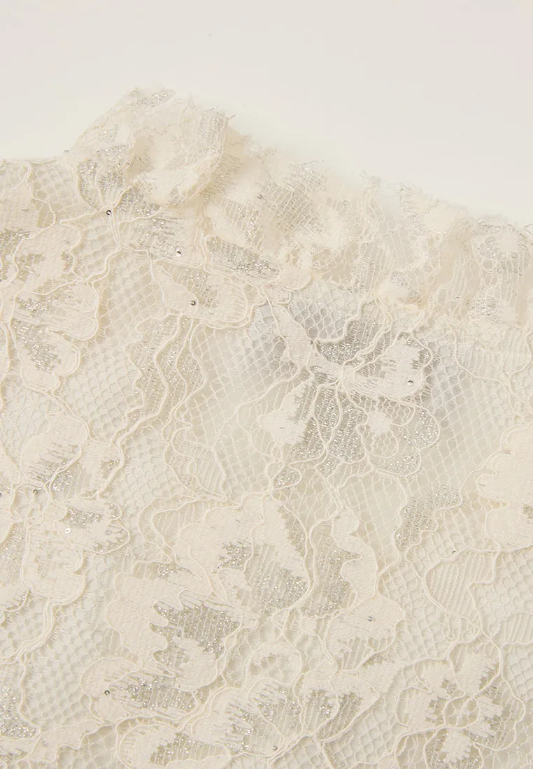 Ruffle-trim Panelled Cap-sleeve Lace Blouse