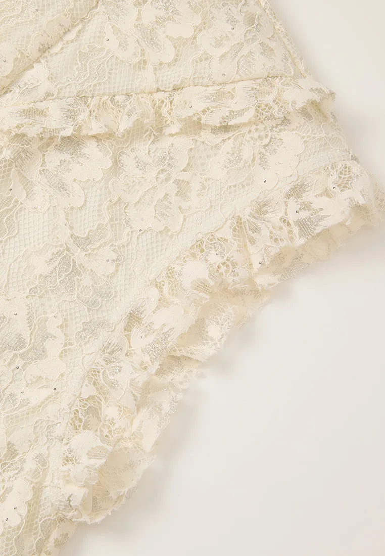 Ruffle-trim Panelled Cap-sleeve Lace Blouse