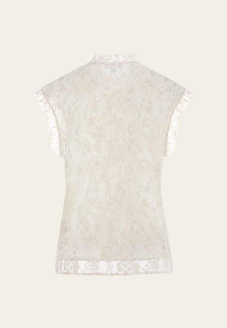 Ruffle-trim Panelled Cap-sleeve Lace Blouse