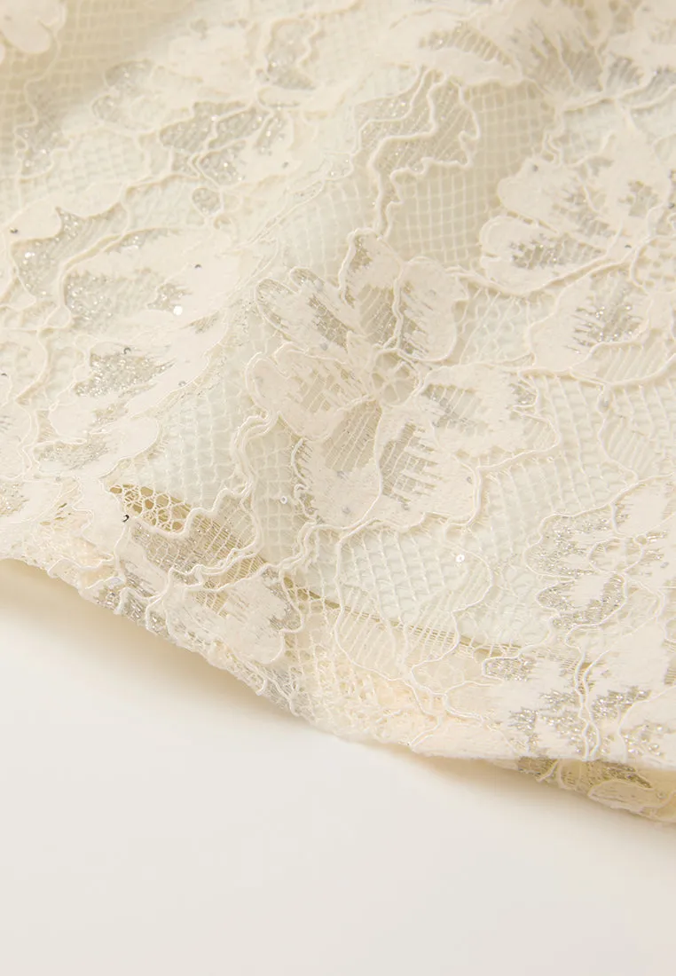 Ruffle-trim Panelled Cap-sleeve Lace Blouse