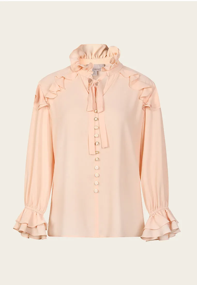 Ruffled Bow-Fastening Button Up Salmon Chiffon Top