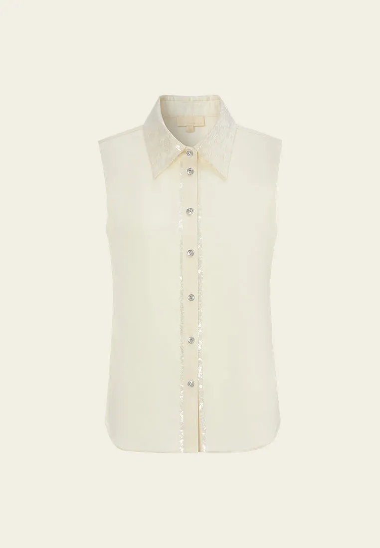 Sequin-embellished Lapel Sleeveless Shirt