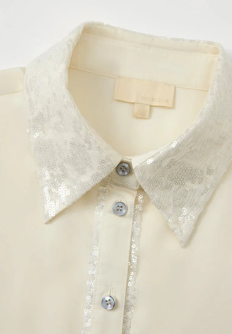 Sequin-embellished Lapel Sleeveless Shirt