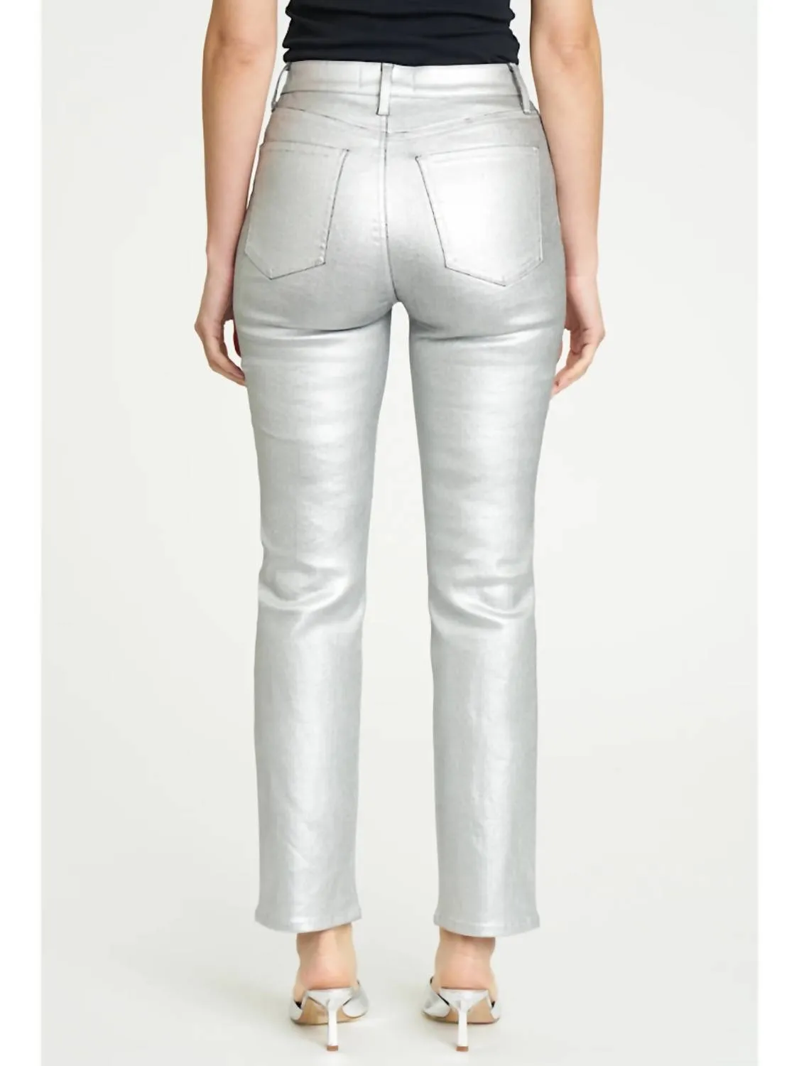 Smarty High Rise Slim Pants In Coated Silver Bullet