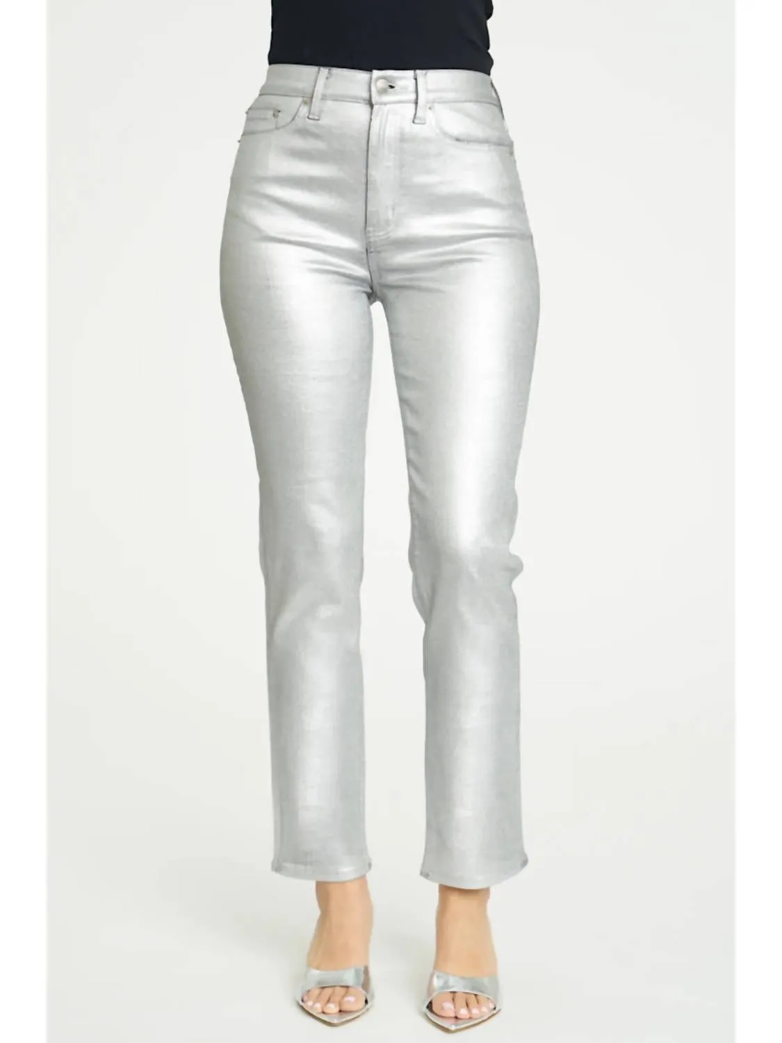 Smarty High Rise Slim Pants In Coated Silver Bullet
