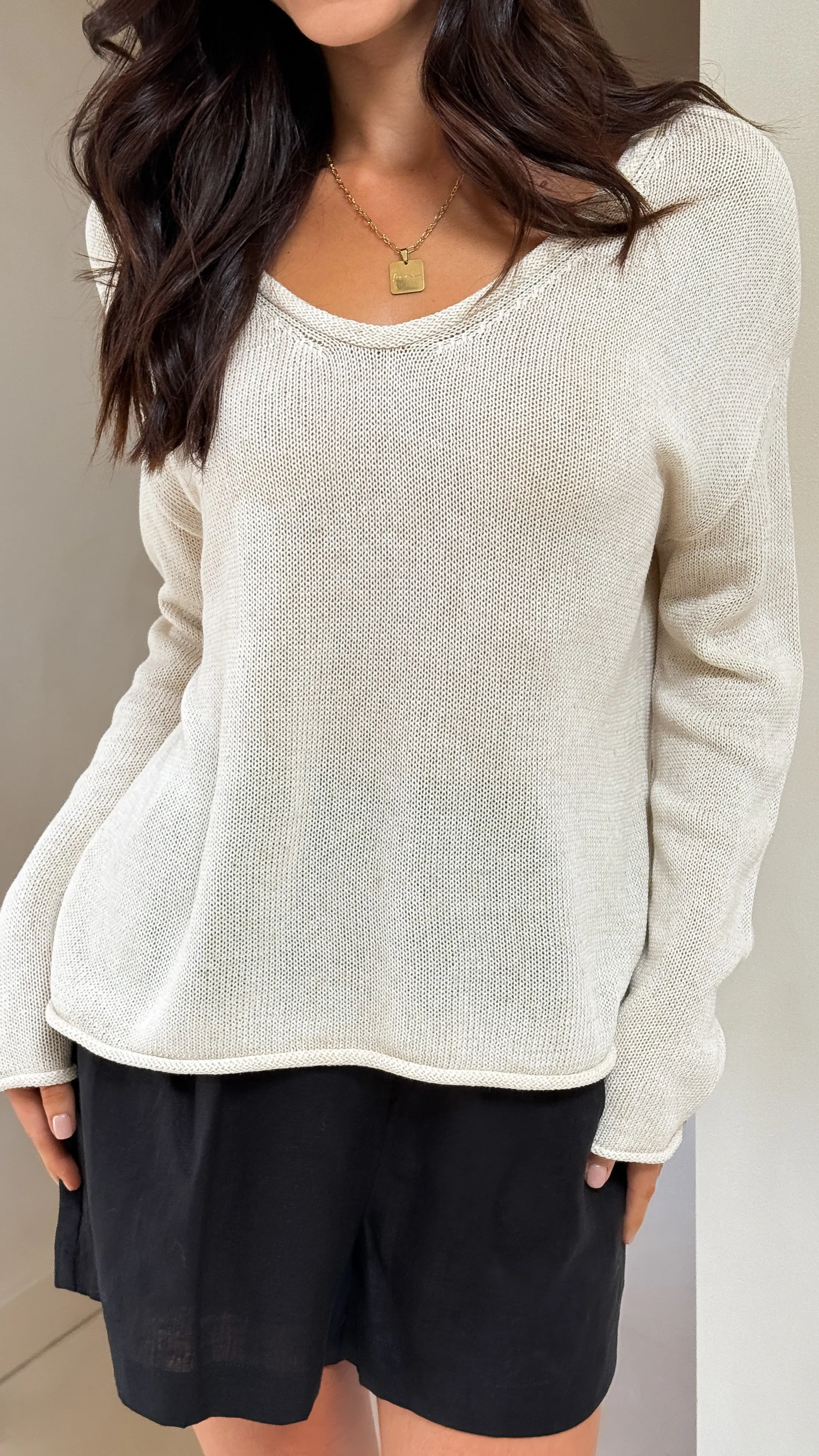 Spring Scoop Neck Long Sleeve Top - Natural