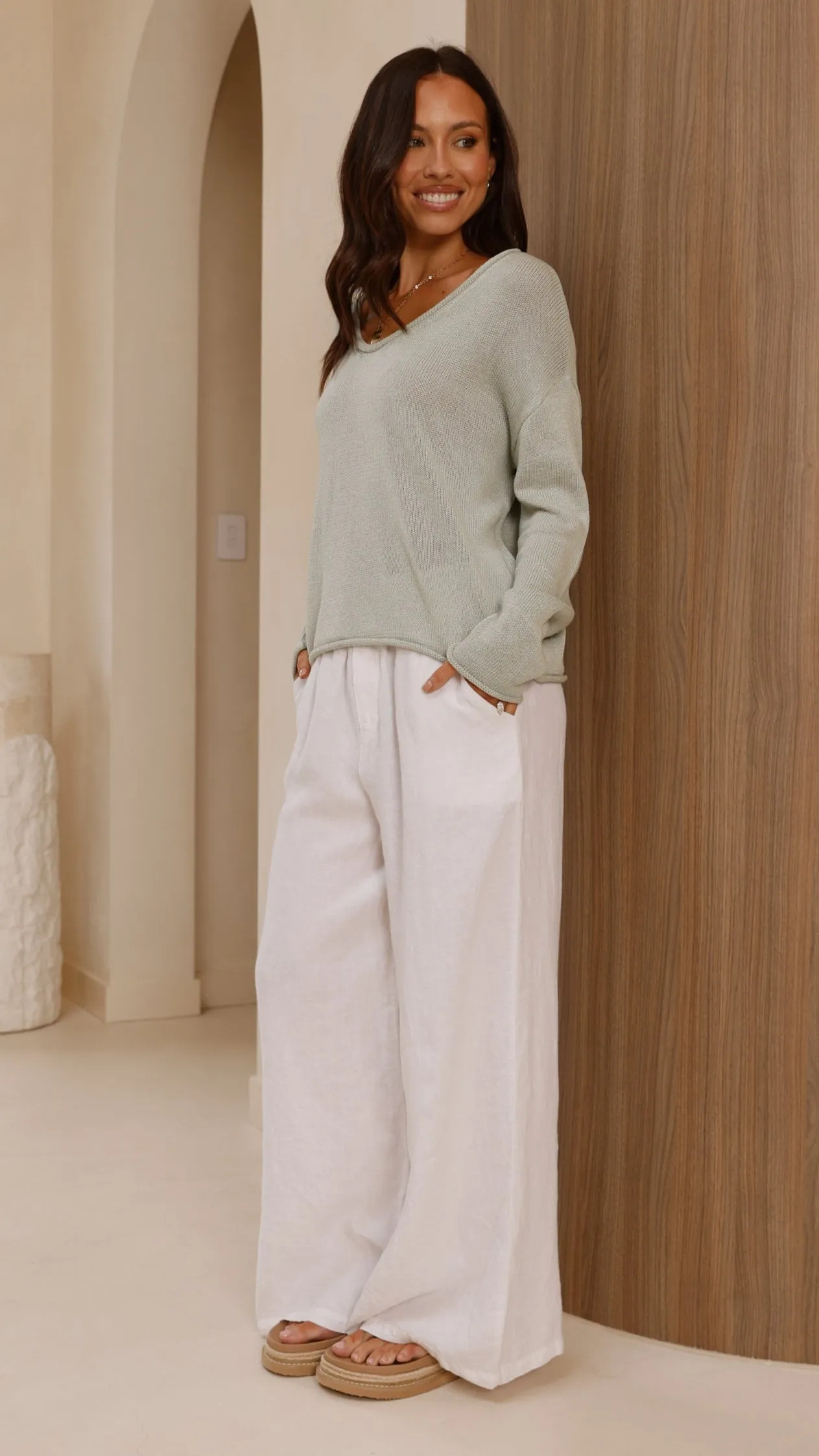 Spring Scoop Neck Long Sleeve Top - Sage