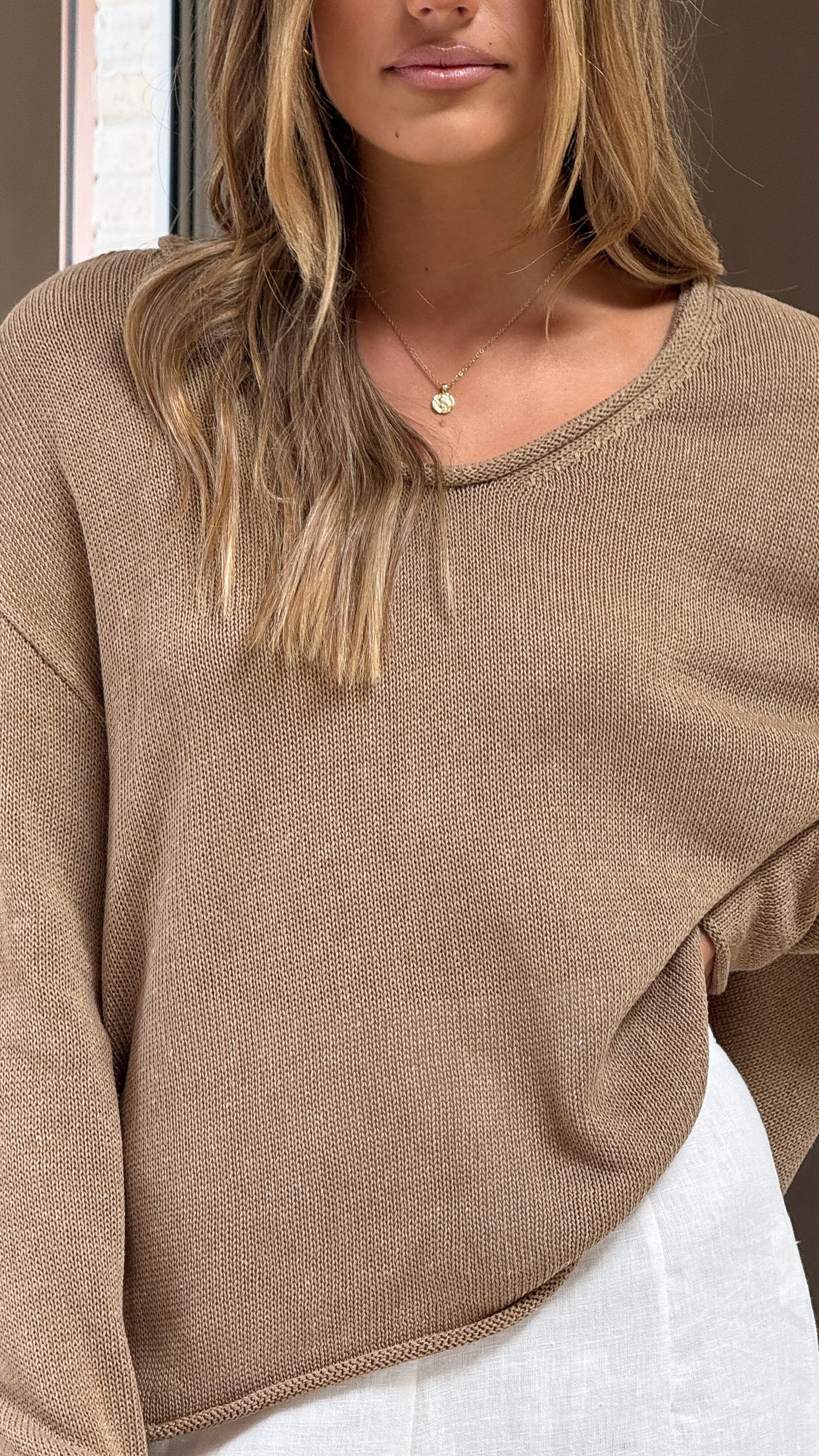 Spring Scoop Neck Long Sleeve Top - Taupe