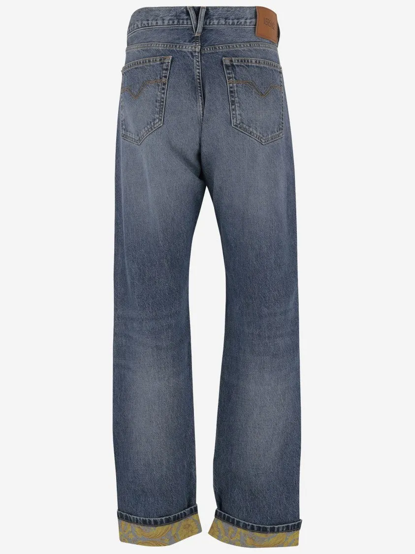 Stretch Cotton Denim Jeans With Baroque Pattern