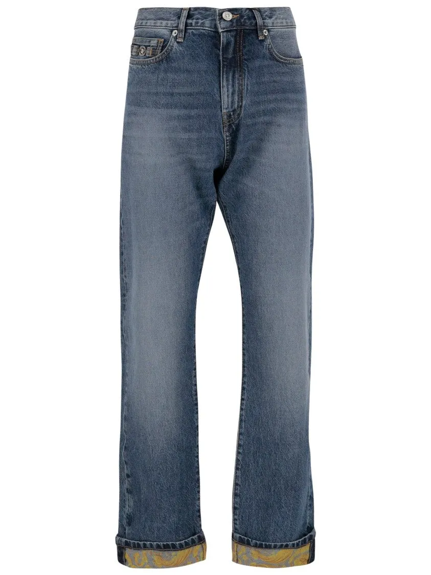 Stretch Cotton Denim Jeans With Baroque Pattern