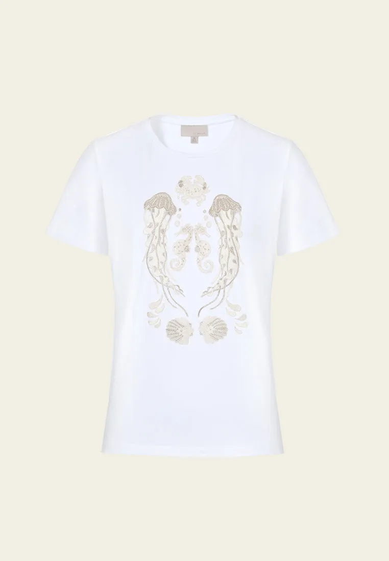 Symmetric Ocean-themed Embroidery T-shirt