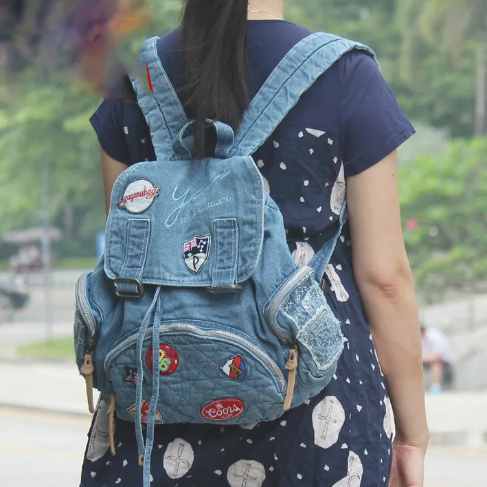 Vintage Blue Denim Womens Backpacks School Backpack With Stickers Vintage Denim Backpack For Women