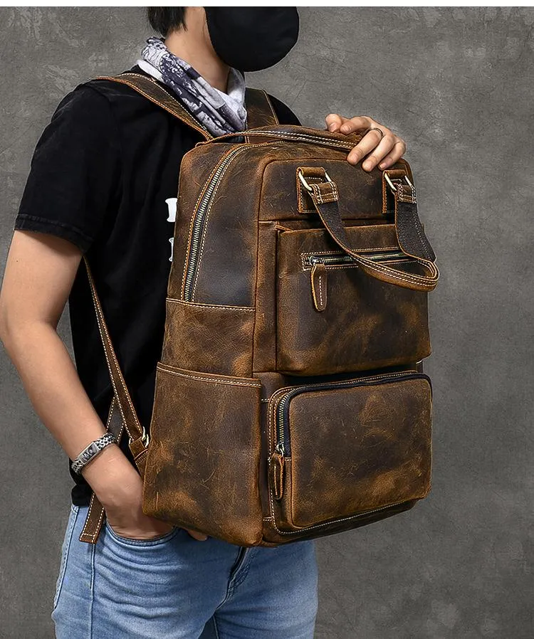 Vintage Brown Large Leather Backpack Men 16" Laptop Backpack Leather Backpack Style Handbag