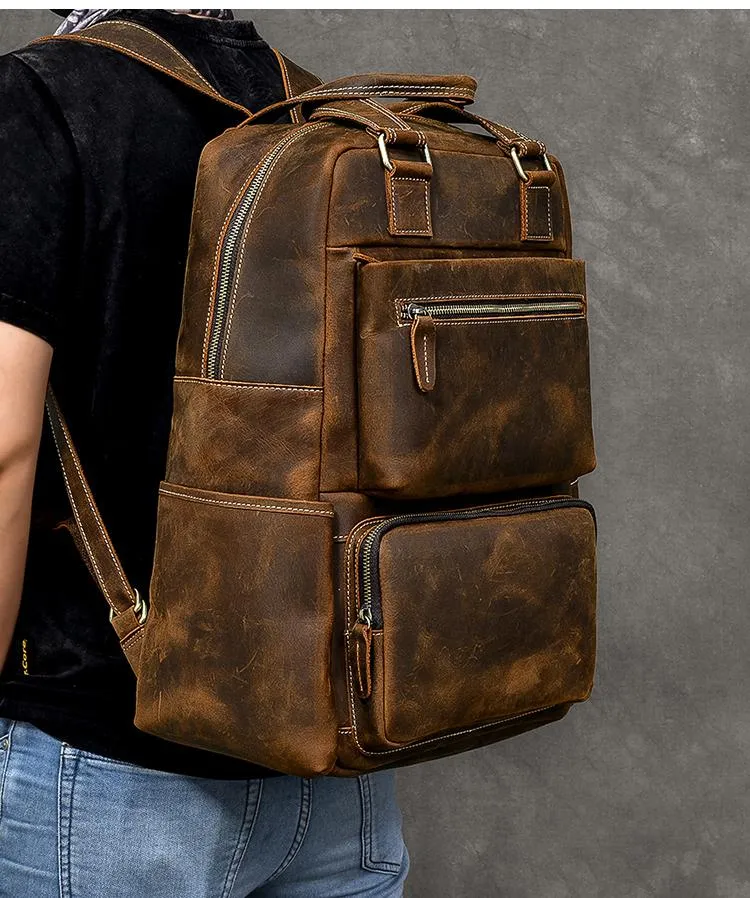 Vintage Brown Large Leather Backpack Men 16" Laptop Backpack Leather Backpack Style Handbag