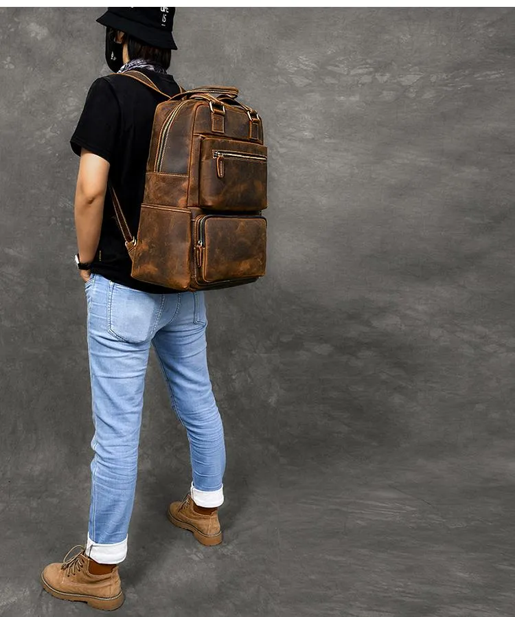 Vintage Brown Large Leather Backpack Men 16" Laptop Backpack Leather Backpack Style Handbag