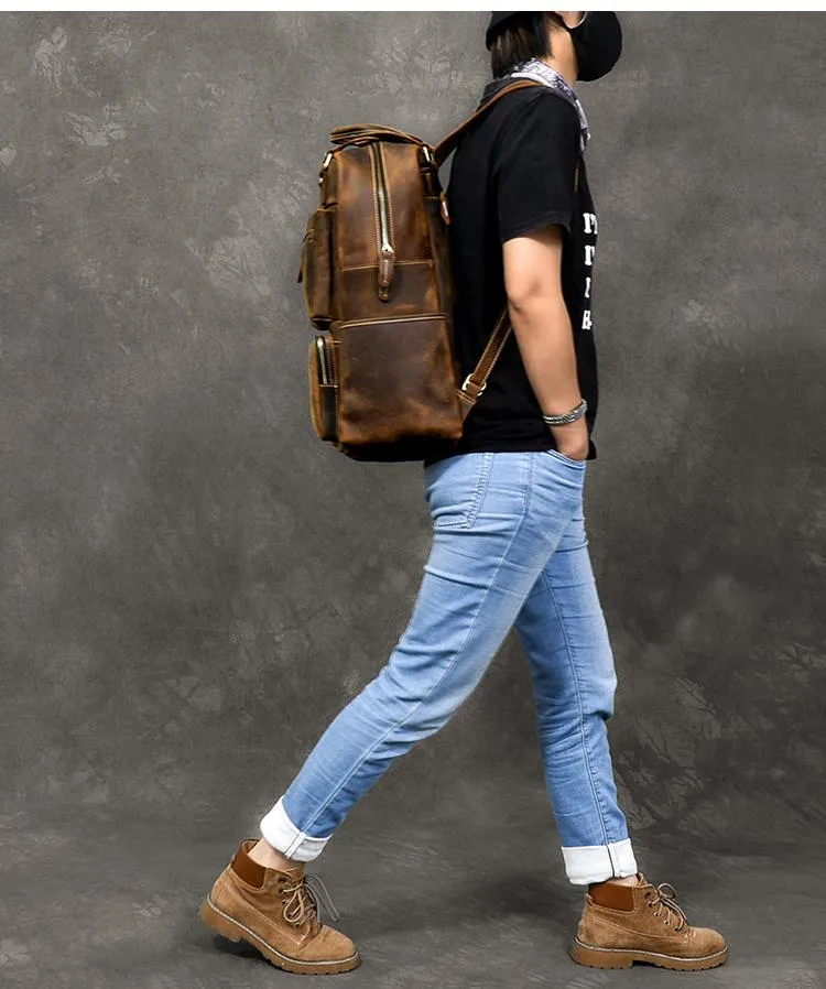Vintage Brown Large Leather Backpack Men 16" Laptop Backpack Leather Backpack Style Handbag