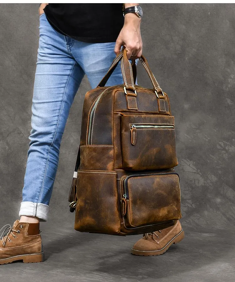Vintage Brown Large Leather Backpack Men 16" Laptop Backpack Leather Backpack Style Handbag