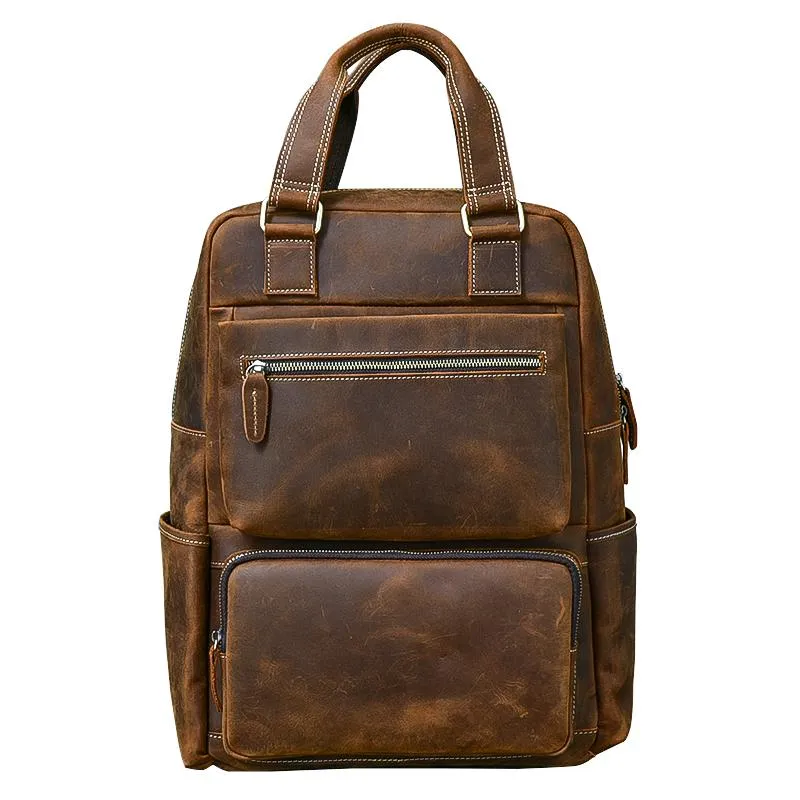 Vintage Brown Large Leather Backpack Men 16" Laptop Backpack Leather Backpack Style Handbag