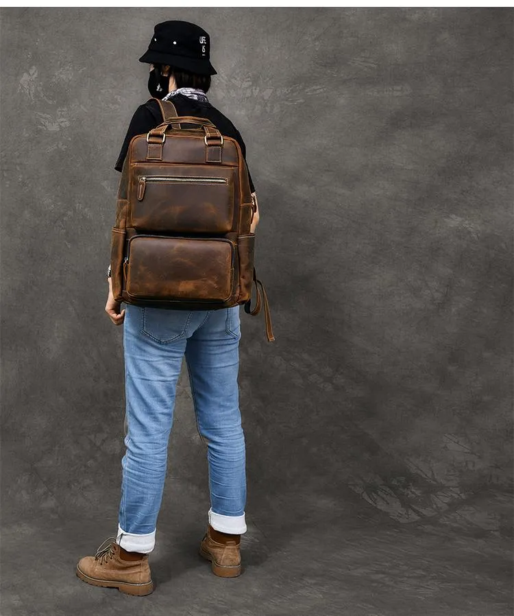Vintage Brown Large Leather Backpack Men 16" Laptop Backpack Leather Backpack Style Handbag