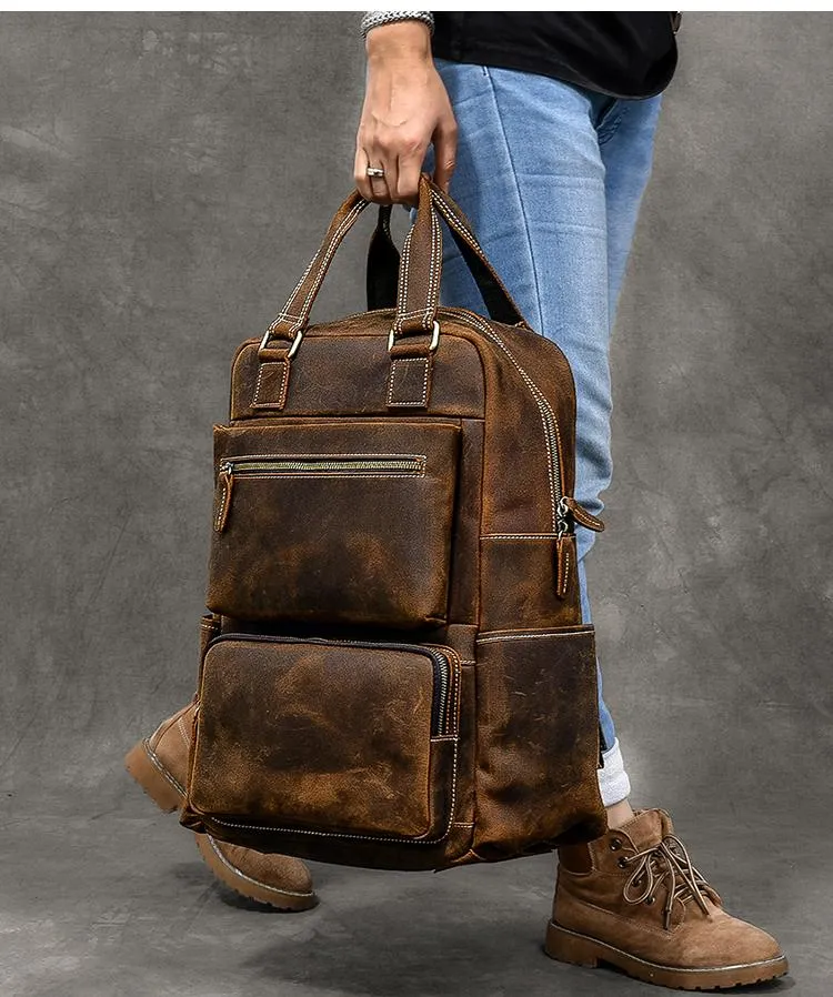 Vintage Brown Large Leather Backpack Men 16" Laptop Backpack Leather Backpack Style Handbag