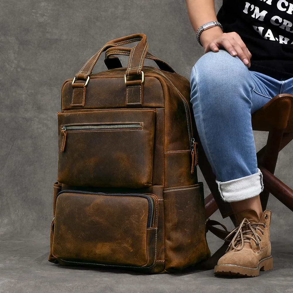 Vintage Brown Large Leather Backpack Men 16" Laptop Backpack Leather Backpack Style Handbag