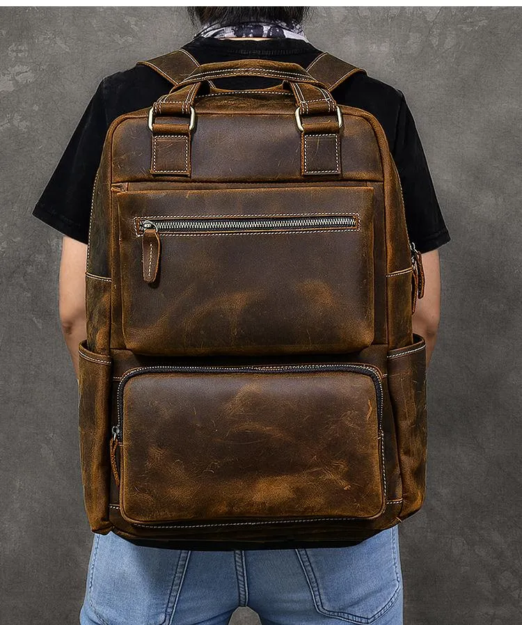 Vintage Brown Large Leather Backpack Men 16" Laptop Backpack Leather Backpack Style Handbag