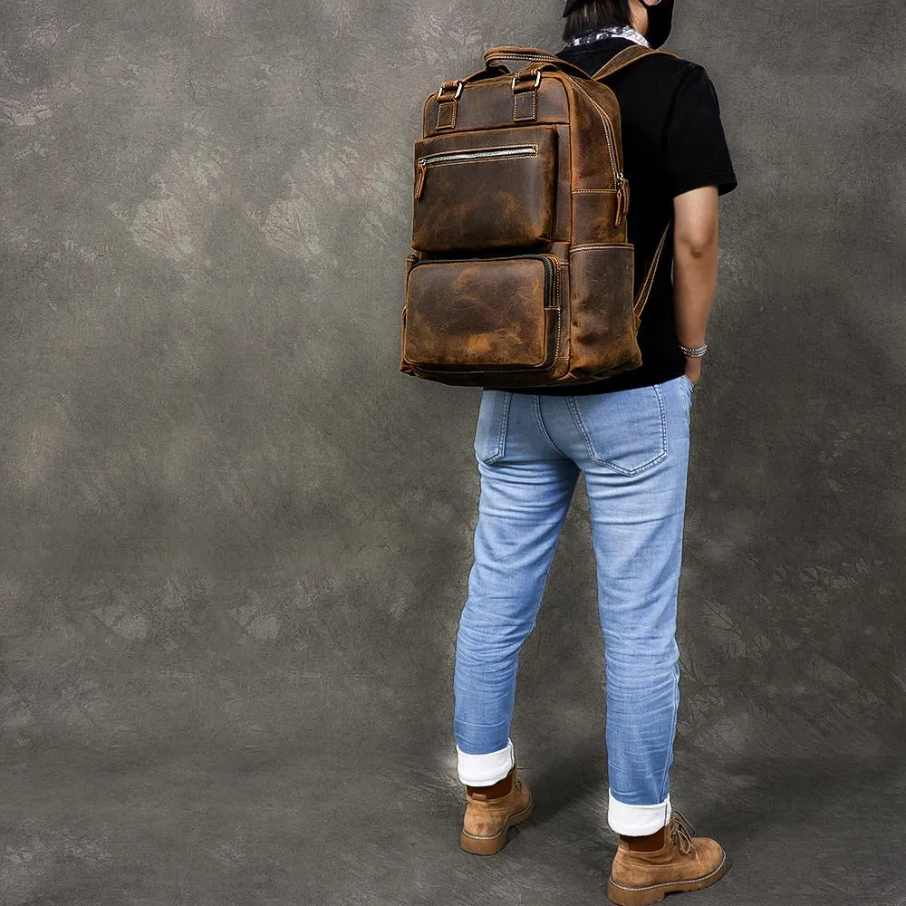 Vintage Brown Large Leather Backpack Men 16" Laptop Backpack Leather Backpack Style Handbag