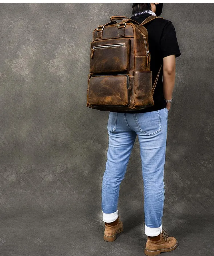 Vintage Brown Large Leather Backpack Men 16" Laptop Backpack Leather Backpack Style Handbag