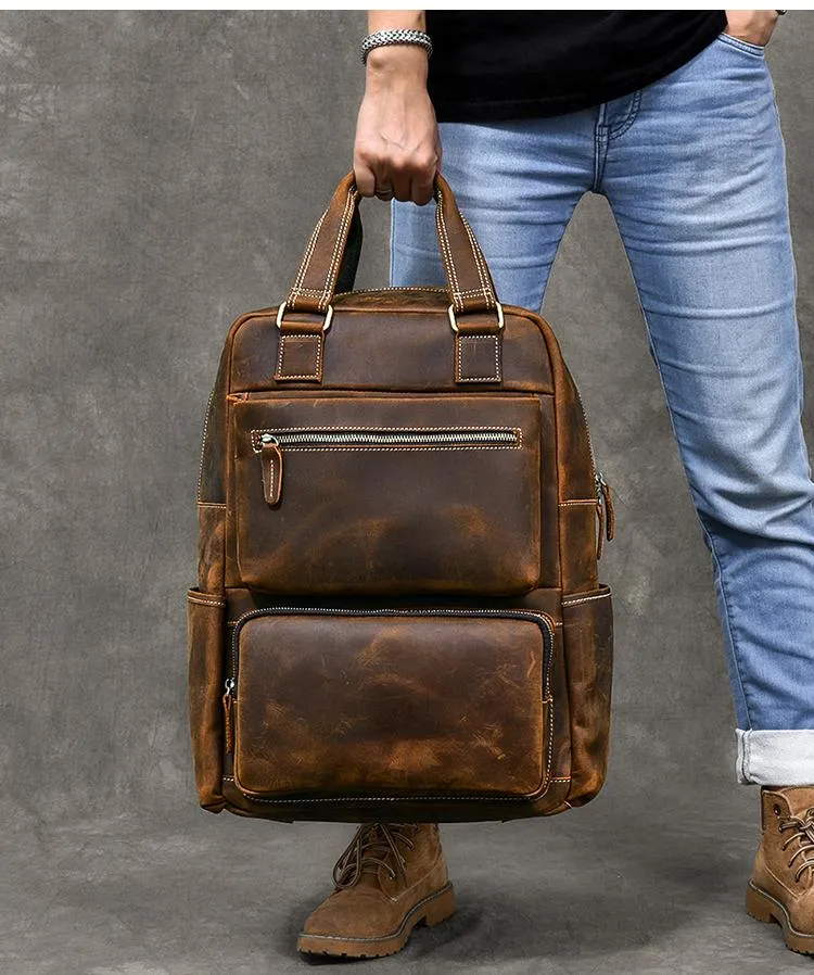 Vintage Brown Large Leather Backpack Men 16" Laptop Backpack Leather Backpack Style Handbag